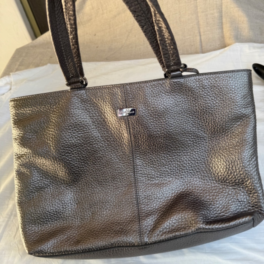 Cole Haan Silver Pewter Pebbled Leather Tote | Original Dust Bag | Teal Lining - Picture 13 of 15